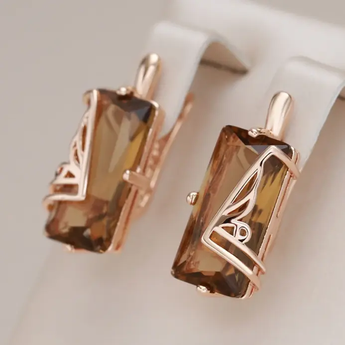 Kinel-pendientes ingleses de circonita Natural marrón claro para mujer, joyería diaria de alta calidad, cuadrado Simple, Color oro rosa 585, 585 1