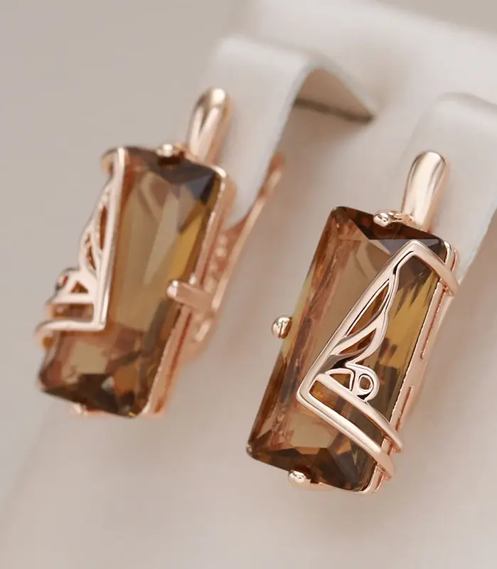 Kinel-pendientes ingleses de circonita Natural marrón claro para mujer, joyería diaria de alta calidad, cuadrado Simple, Color oro rosa 585, 585 1