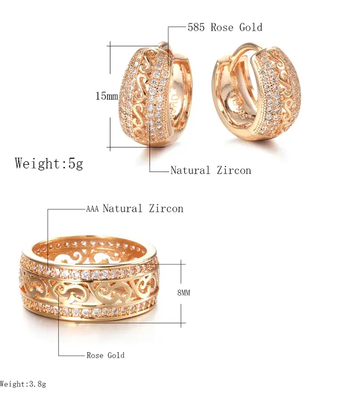 Kinel-conjunto de joyas para mujer, aretes, anillo de oro rosa 585, doble fila, Micro cera con incrustaciones de circonita Natural, joyería Vintage de boda 2