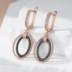 Pendientes largos Kinel de cerámica negra ovalada para mujer, Color oro rosa 585, accesorios de circón Natural, joyería fina diaria 3