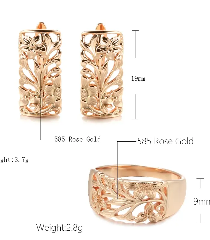 Kinel Vintage 585 oro rosa pendientes de mujer conjuntos de anillos Boho hueco flor Cilp pendientes anillo elegante étnico conjuntos de joyería de boda 2