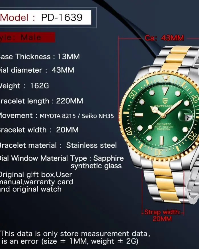 Reloj Automático para Hombre PAGANI Design PD1639, Esfera de 43 mm, Bisel de Cerámica, NH35A / MIYOTA 8215, Reloj de Pulsera Mecánico de Zafiro, Resistente al Agua 2
