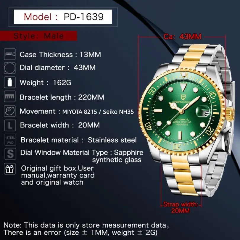 Reloj Automático para Hombre PAGANI Design PD1639, Esfera de 43 mm, Bisel de Cerámica, NH35A / MIYOTA 8215, Reloj de Pulsera Mecánico de Zafiro, Resistente al Agua 2