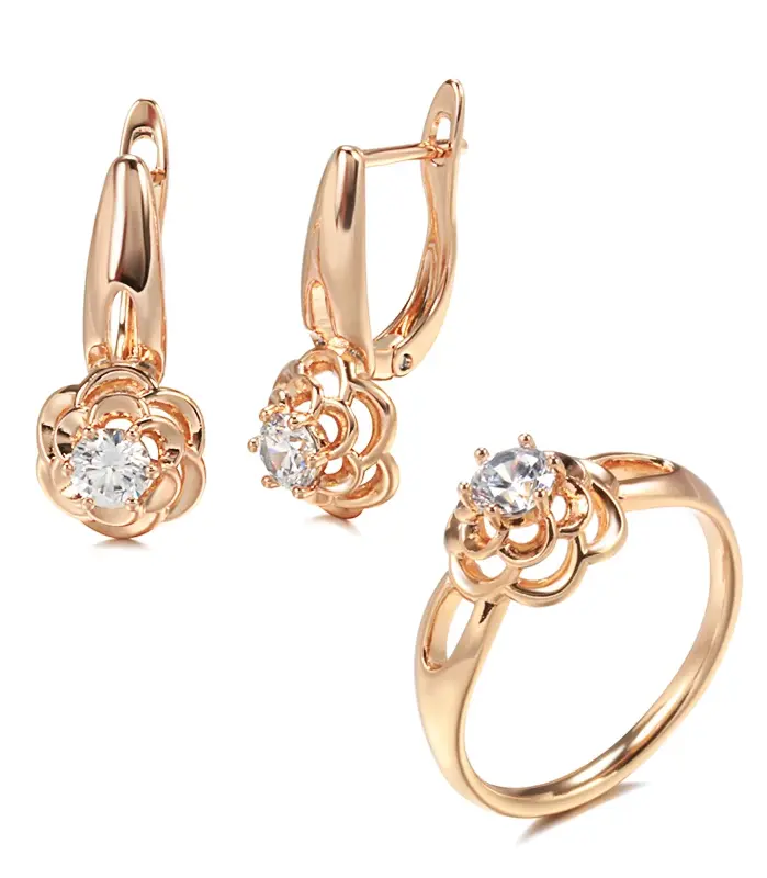 pendientes de cristal con forma de flor para mujer, conjunto de anillos de circonita Natural de oro rosa 585, joyería creativa para boda, tendencia inusual 1