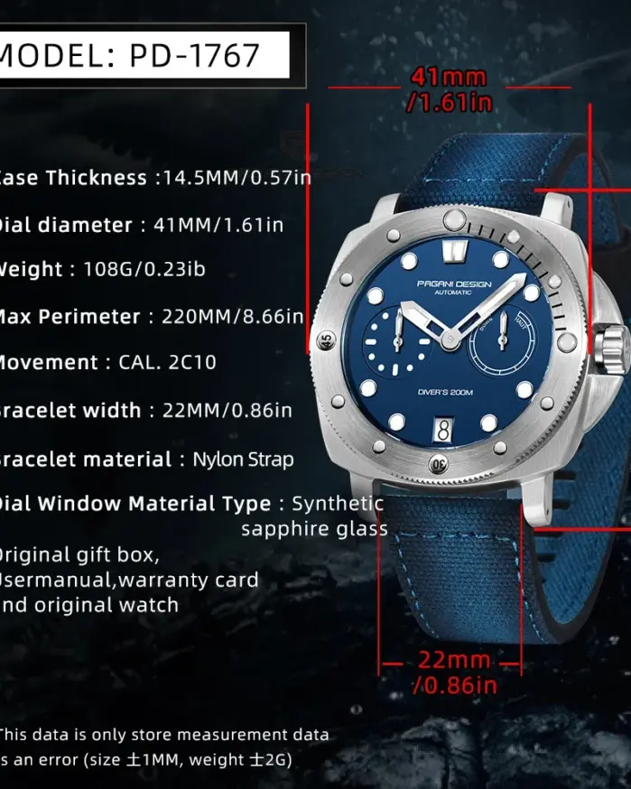 Reloj Mecánico PAGANI DESIGN para hombre, reloj automático luminoso de cristal de zafiro de lujo, reloj de acero inoxidable resistente al agua de 200M para hombre 2