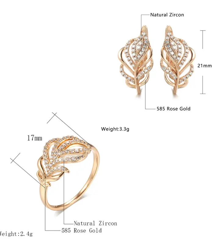 Kinel-Conjunto de pendientes y anillos de oro rosa 585, flor de circón Natural a la moda, pendiente Vintage, anillo, regalo, conjunto de joyería fina diaria 2
