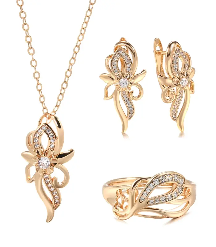 Kinel-Conjunto de joyería de boda para mujer, 3 uds., oro rosa 585, flor de circón Natural, pendiente, collar, anillo, regalo 1