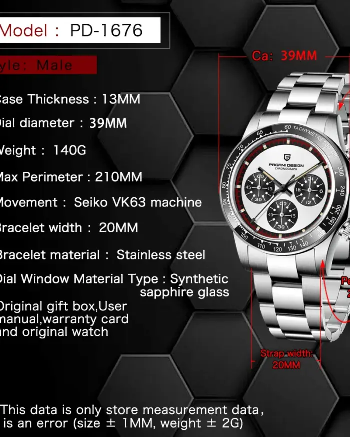 PAGANI DESIGN Reloj de pulsera de cuarzo VK63 Movt para hombre, cronógrafo con bisel de cerámica a la moda, cronómetro resistente al agua, reloj inoxidable de 100m 2