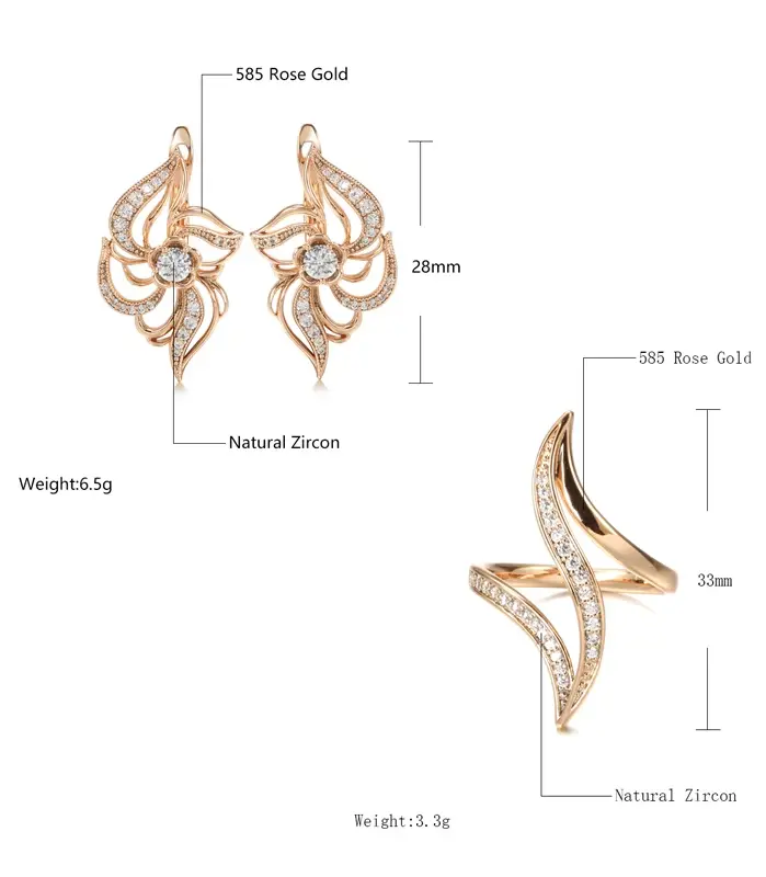 Kinel-Conjunto de pendientes de anillo curvo hipérbola fina para mujer, conjuntos de joyería de oro rosa 585, anillo de pendientes de circón Natural único 2