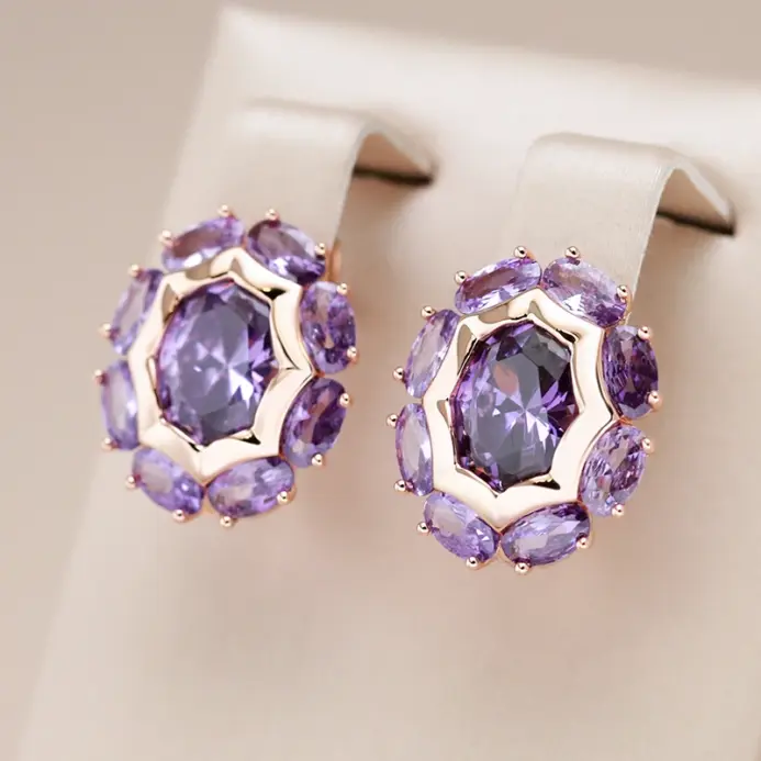 Kinel-pendientes ingleses de circonita Natural púrpura ovalada brillante inusual para mujer, joyería diaria de fiesta de Color oro rosa 585 de lujo 1