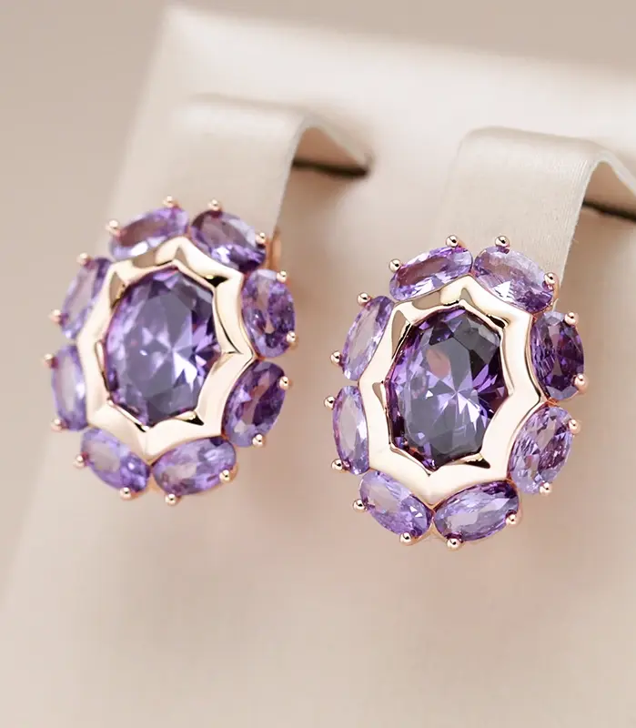 Kinel-pendientes ingleses de circonita Natural púrpura ovalada brillante inusual para mujer, joyería diaria de fiesta de Color oro rosa 585 de lujo 1