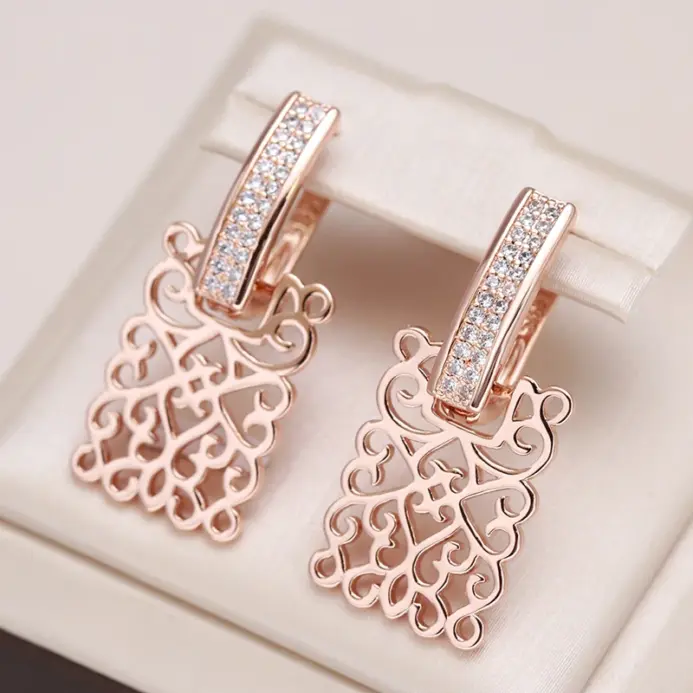 Kienl-pendiente largo cuadrado de Color oro rosa 585 para mujer, pendiente de gota de Metal brillante con circonita Natural Vintage, joyería diaria de tendencia 1
