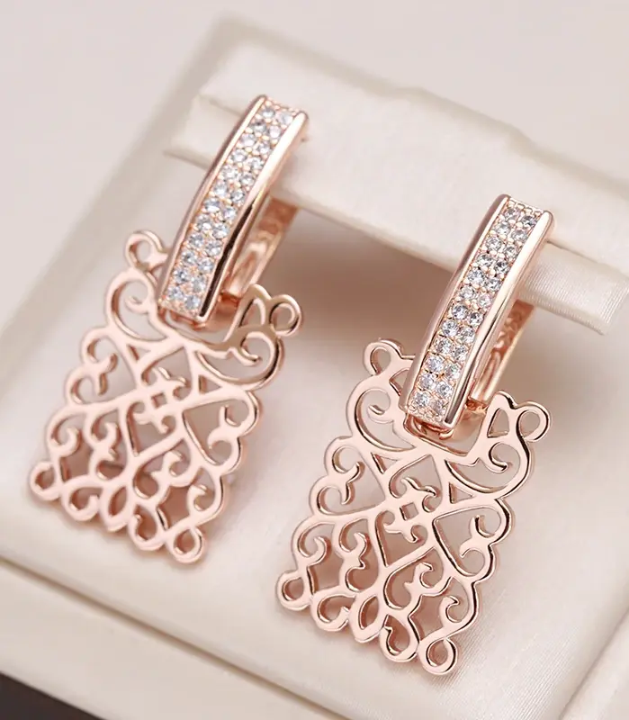 Kienl-pendiente largo cuadrado de Color oro rosa 585 para mujer, pendiente de gota de Metal brillante con circonita Natural Vintage, joyería diaria de tendencia 1