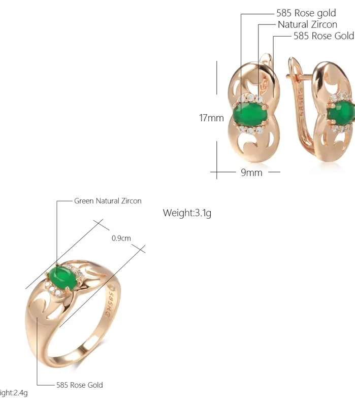 Kinel-Conjunto de anillos y pendientes para mujer, aretes de oro rosa 585 con Micro incrustaciones de cera, óvalo, verde, circón Natural, joyería nupcial para boda 2