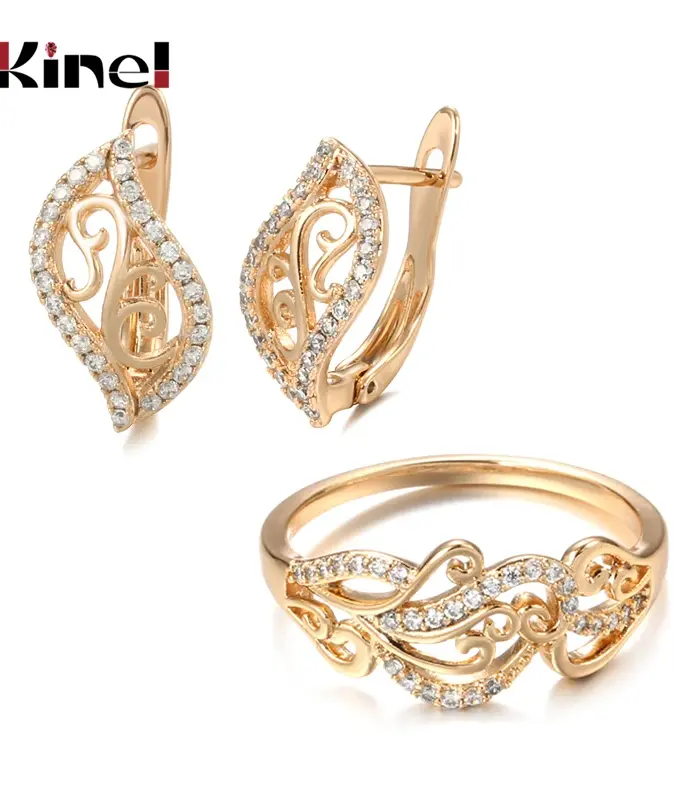 Kinel-anillo de boda étnico para novia, conjuntos de joyería y pendientes, anillos de circón Natural con flor hueca de oro rosa 585, joyería fina para mujer 1