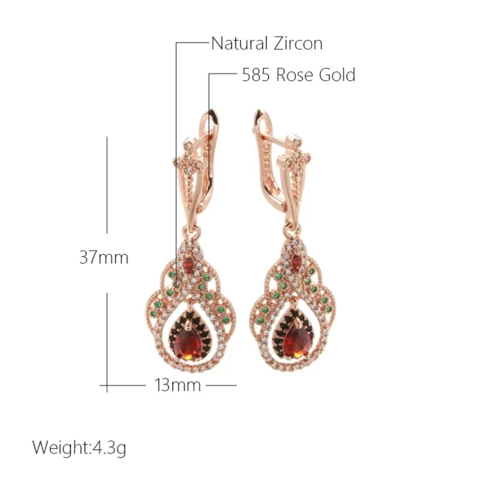 Kinel 2022 nuevo 585 pendientes colgantes de Color oro rosa para mujer flor de cristal pendientes de circón Natural rojo para mujer joyería Vintage 2