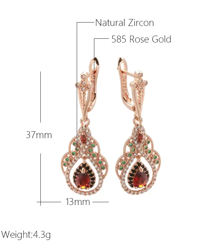 Kinel 2022 nuevo 585 pendientes colgantes de Color oro rosa para mujer flor de cristal pendientes de circón Natural rojo para mujer joyería Vintage 2