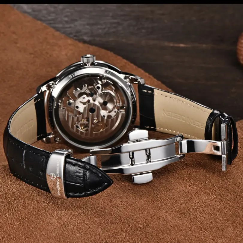 Marca PAGANI DESIGN, reloj dorado de cuero de moda para hombre, relojes mecánicos automáticos con esqueleto resistente al agua, caja Masculino 6