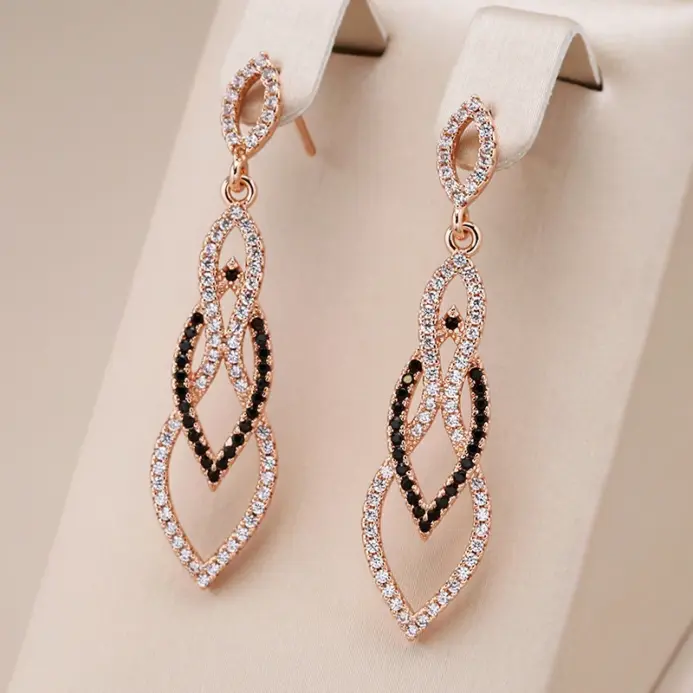Kinel-pendientes largos de lujo para mujer, Color oro rosa 585, accesorios de circón Natural negro, joyería fina de boda Vintage para uso diario 1
