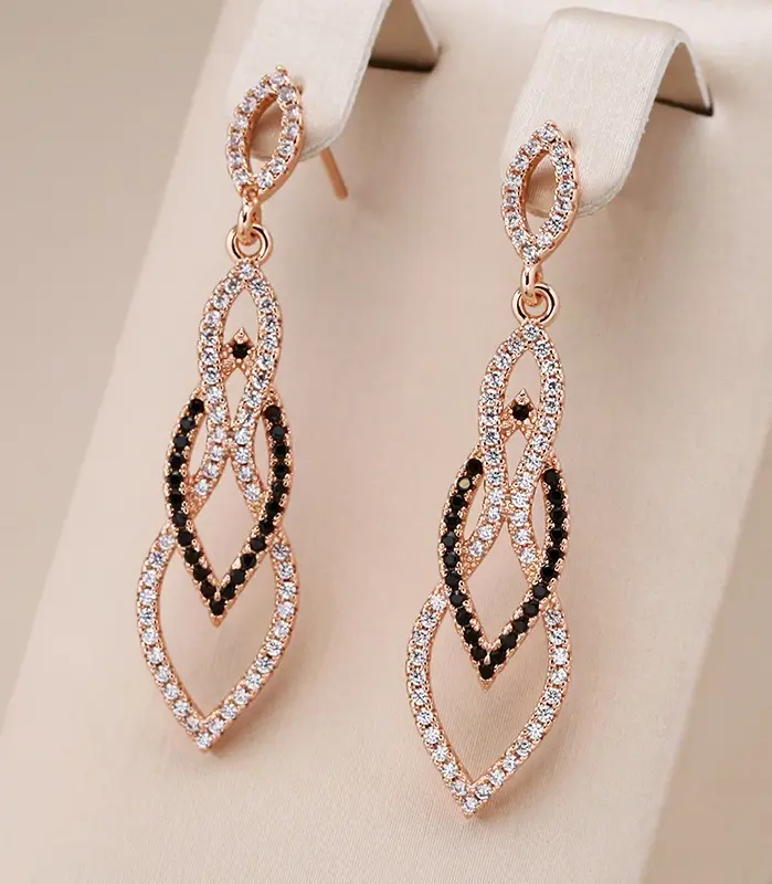 Kinel-pendientes largos de lujo para mujer, Color oro rosa 585, accesorios de circón Natural negro, joyería fina de boda Vintage para uso diario 1