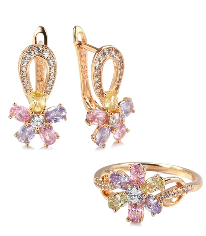 Kinel-Conjunto de anillos de circonia Natural para mujer, aretes de flores de oro rosa, coloridos, a la moda, conjunto de joyería para novia y boda, 585 1