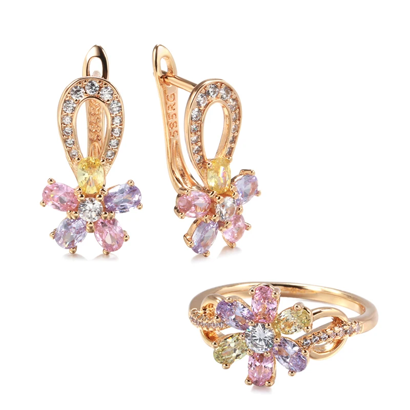 Kinel-Conjunto de anillos de circonia Natural para mujer, aretes de flores de oro rosa, coloridos, a la moda, conjunto de joyería para novia y boda, 585 1 Kinel-Conjunto de anillos de circonia Natural para mujer, aretes de flores de oro rosa, coloridos, a la moda, conjunto de joyería para novia y boda, 585 1