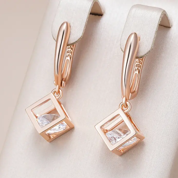 Kinel-pendientes colgantes cuadrados huecos simples para mujer, Color oro rosa 585, accesorios de circón Natural, joyería fina diaria 1