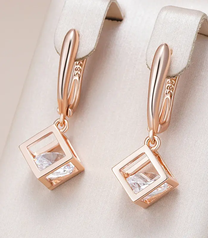 Kinel-pendientes colgantes cuadrados huecos simples para mujer, Color oro rosa 585, accesorios de circón Natural, joyería fina diaria 1