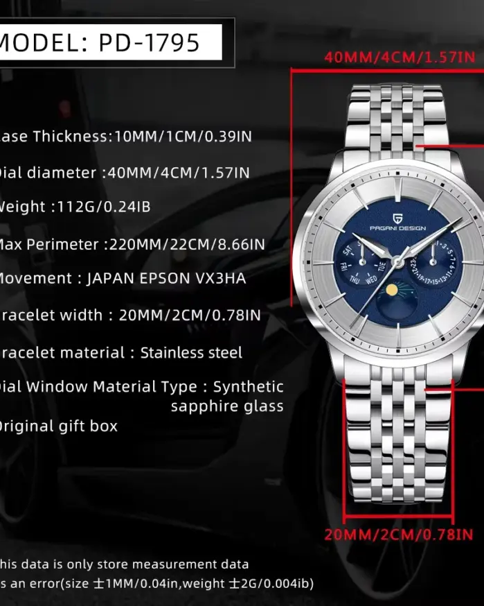 Pagani Design 40mm reloj de cuarzo multifuncional para hombre Japón Movt fase lunar 100m relojes de pulsera de cristal de zafiro impermeables para hombre 2