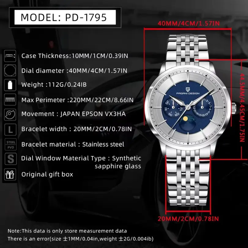 Pagani Design 40mm reloj de cuarzo multifuncional para hombre Japón Movt fase lunar 100m relojes de pulsera de cristal de zafiro impermeables para hombre 2