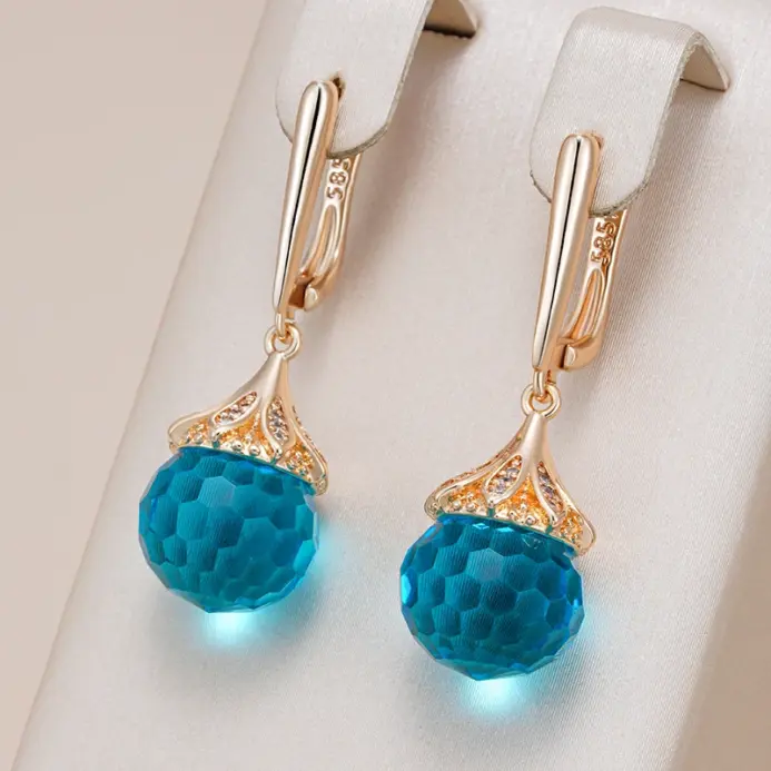 Kinel, pendientes colgantes de bola de cristal azul de lujo para mujer, moda 585, Color oro rosa, accesorios de circón Natural, joyería fina diaria 1