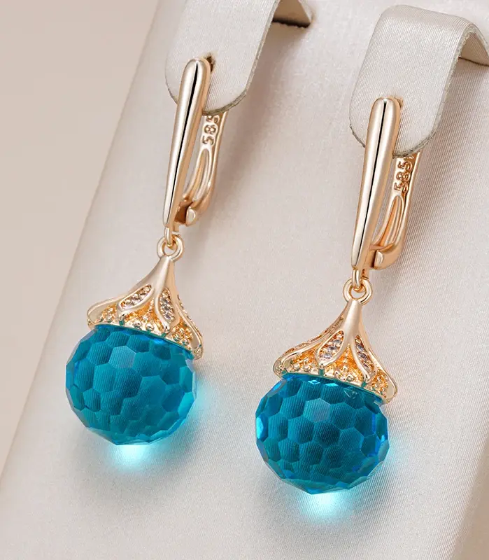 Kinel, pendientes colgantes de bola de cristal azul de lujo para mujer, moda 585, Color oro rosa, accesorios de circón Natural, joyería fina diaria 1