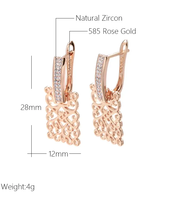 Kienl-pendiente largo cuadrado de Color oro rosa 585 para mujer, pendiente de gota de Metal brillante con circonita Natural Vintage, joyería diaria de tendencia 2