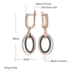Pendientes largos Kinel de cerámica negra ovalada para mujer, Color oro rosa 585, accesorios de circón Natural, joyería fina diaria 2