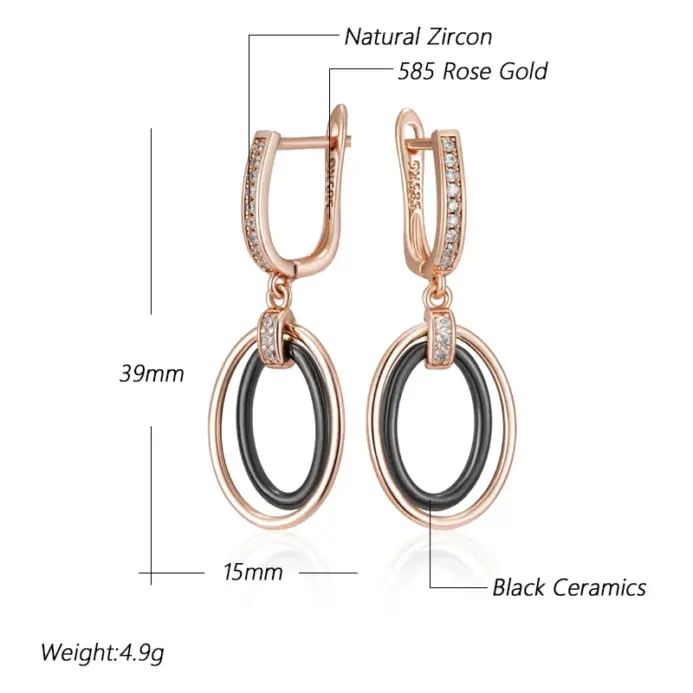 Pendientes largos Kinel de cerámica negra ovalada para mujer, Color oro rosa 585, accesorios de circón Natural, joyería fina diaria 2