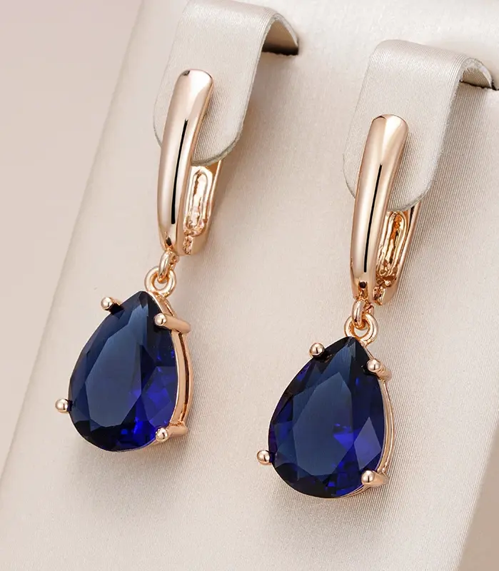 Kinel-pendientes largos con forma de gota de agua para mujer, aretes colgantes de color azul oscuro, Color oro rosa 585, circonita Natural, joyería diaria 1