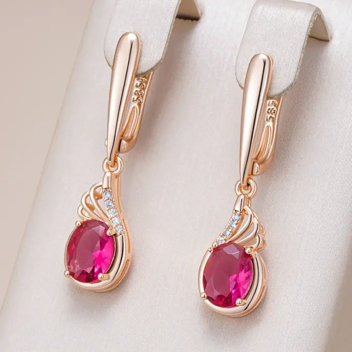Kinel-pendientes colgantes de circonita Natural ovalados para mujer, color rojo brillante, moda 585, Color oro rosa, joyería fina para fiesta de boda Vintage para uso diario 1