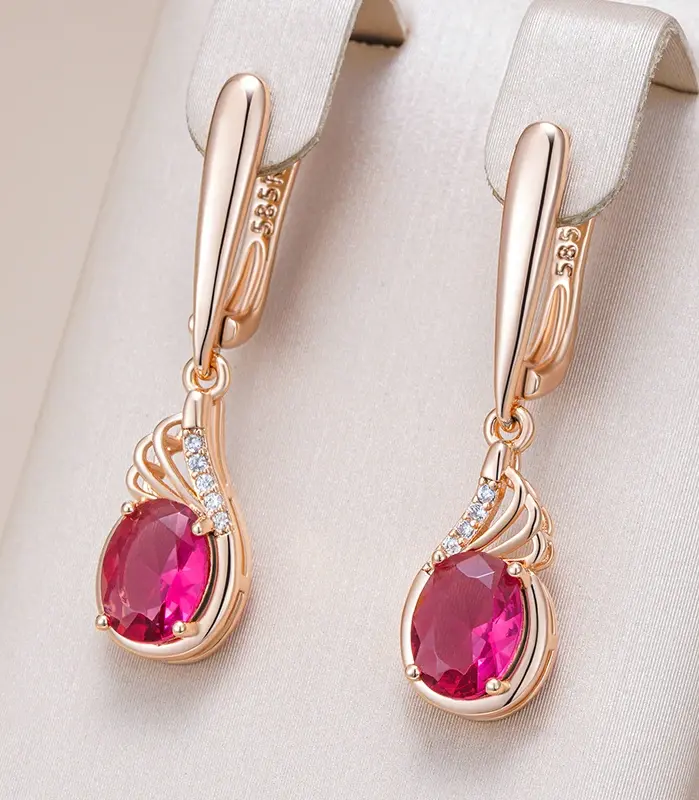 Kinel-pendientes colgantes de circonita Natural ovalados para mujer, color rojo brillante, moda 585, Color oro rosa, joyería fina para fiesta de boda Vintage para uso diario 1
