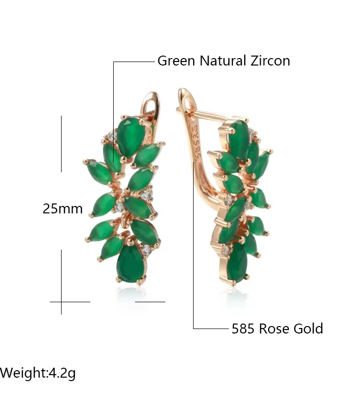 Kinel-pendientes colgantes de flor de cristal de circón con corte Esmeralda para mujer, joyería étnica fina diaria de Color oro rosa 585 de lujo 2