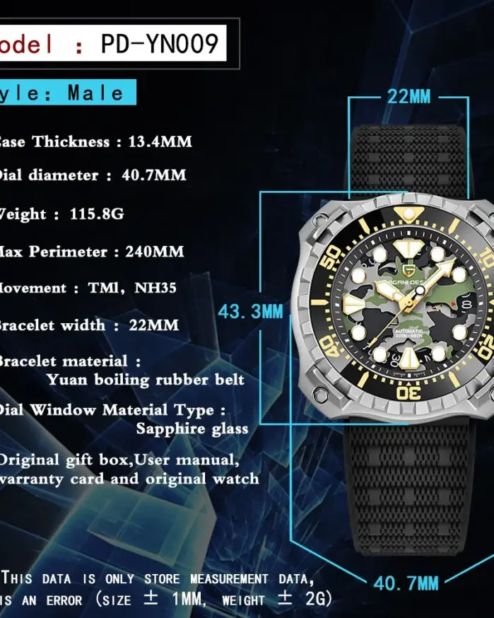 Reloj mecánico PAGANI DESIGN para hombre, esfera hueca de camuflaje militar NH35 Movt zafiro, reloj de pulsera automático resistente al agua de 200m 2