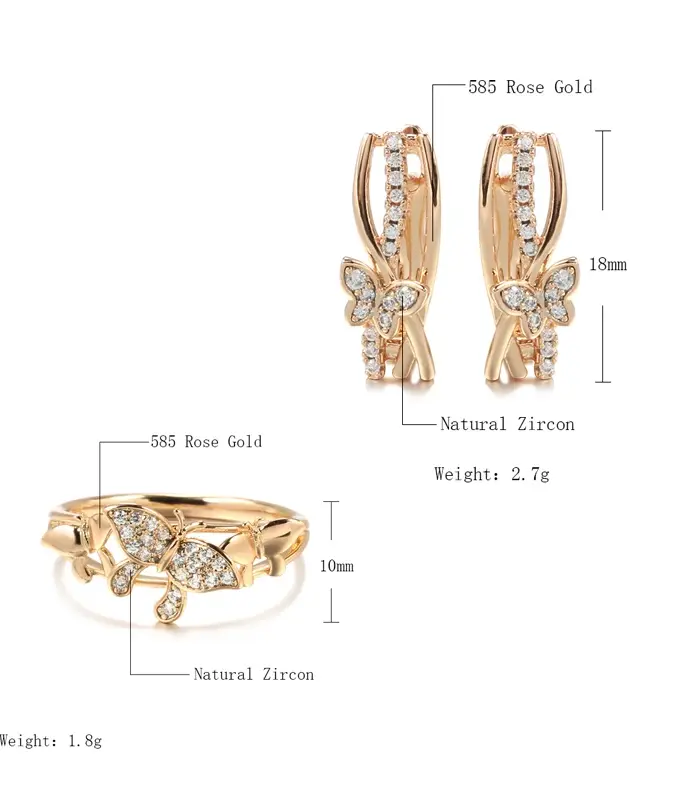Kinel-Conjunto de anillos y pendientes de mariposa para mujer, sortija de circonita Natural de oro rosa 585, conjuntos de joyería creativos inusuales 2