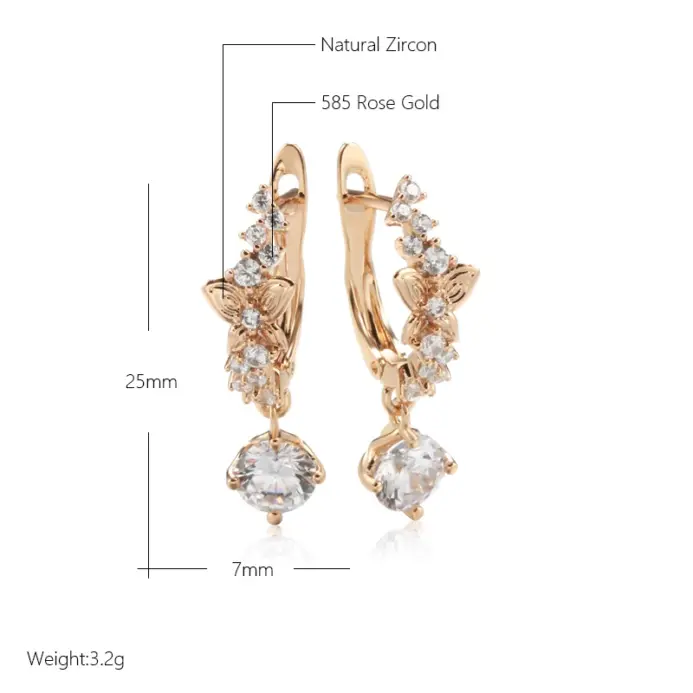 Kinel-pendientes de lujo de Color oro rosa 585, circonita Natural ostentosa, deslumbrante pendiente colgante de mariposa hueca, joyería fina para uso diario 2