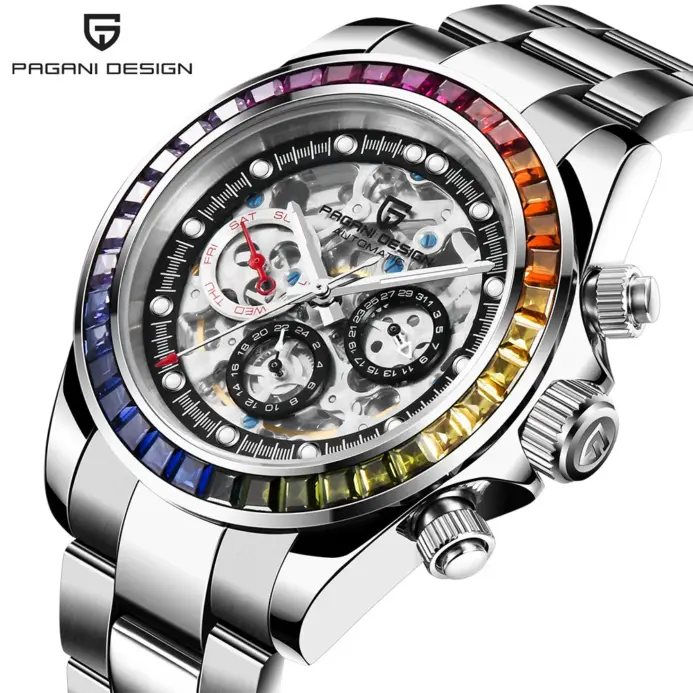 PAGANI Design-reloj mecánico automático para hombre, cronógrafo deportivo de acero inoxidable con esfera de esqueleto, arcoíris, círculo, zafiro 1