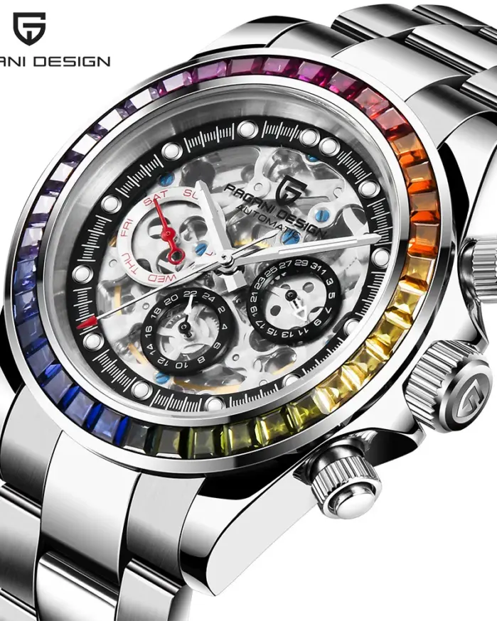 PAGANI Design-reloj mecánico automático para hombre, cronógrafo deportivo de acero inoxidable con esfera de esqueleto, arcoíris, círculo, zafiro 1