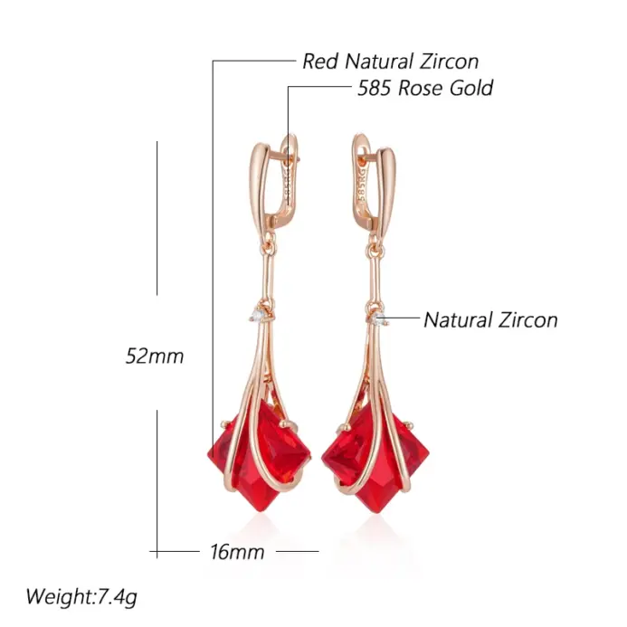 Pendientes largos Kinel cuadrados de circonita Natural roja para mujer, Color oro rosa 585, joyería Vintage fina diaria de alta calidad 2