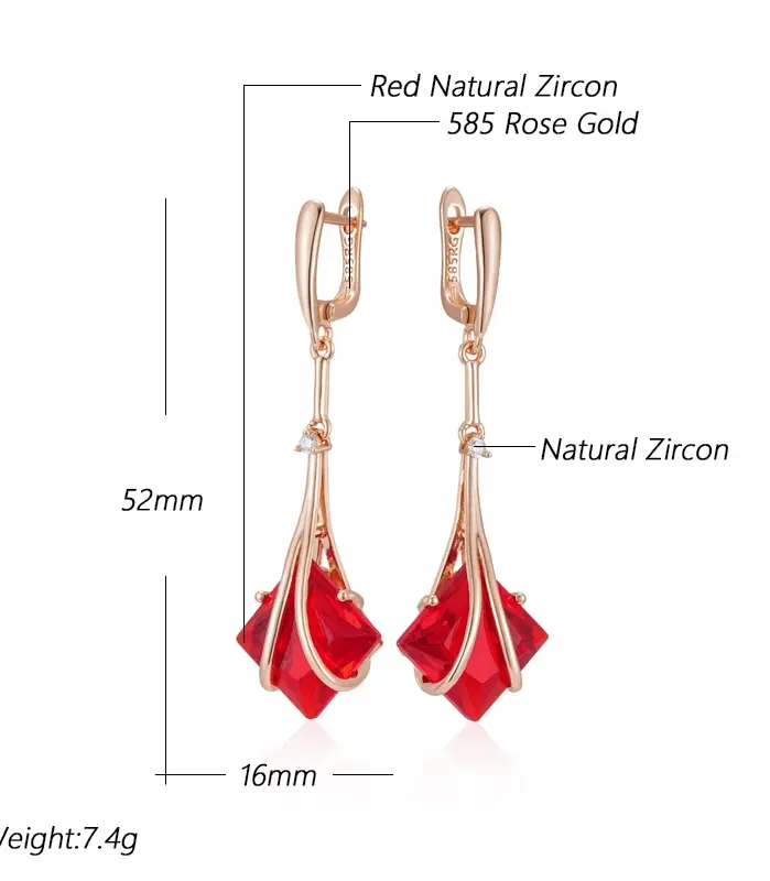Pendientes largos Kinel cuadrados de circonita Natural roja para mujer, Color oro rosa 585, joyería Vintage fina diaria de alta calidad 2