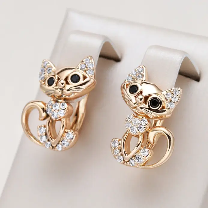 Kinel, nuevos pendientes de gato bonitos de oro rosa 585 para mujer, Micro incrustaciones de cera, pendiente de circón Natural, joyería de moda para fiesta de cumpleaños para niña 1