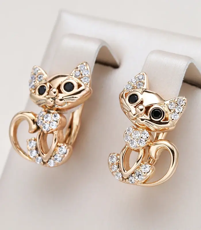 Kinel, nuevos pendientes de gato bonitos de oro rosa 585 para mujer, Micro incrustaciones de cera, pendiente de circón Natural, joyería de moda para fiesta de cumpleaños para niña 1