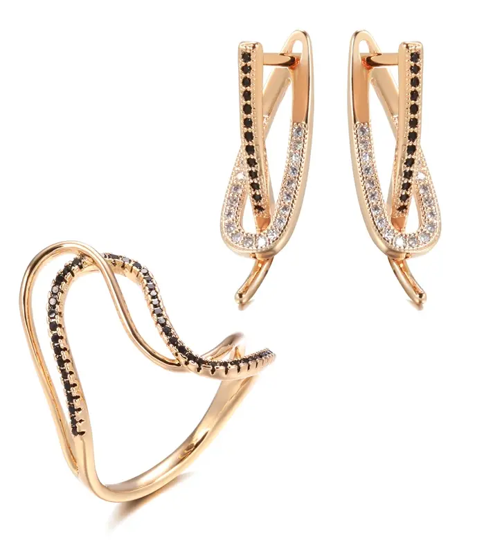 Kinel-Juego de anillos y pendientes de oro rosa 585 para mujer, conjunto de joyería de boda, Micro pavé, circonita Natural negra, anillo de dedo retorcido, novia 1