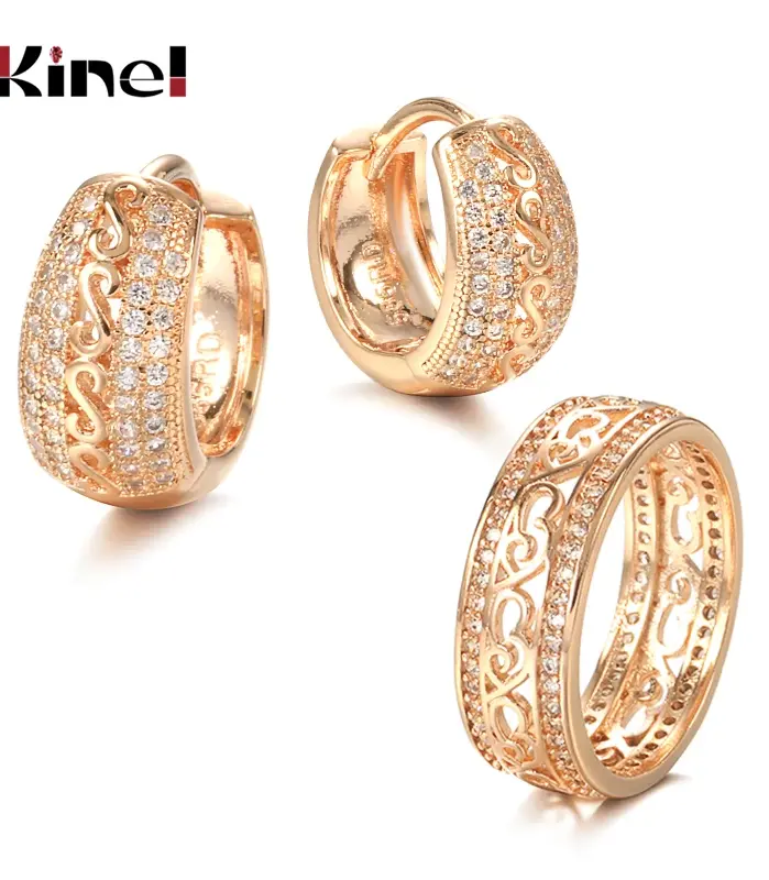 Kinel-conjunto de joyas para mujer, aretes, anillo de oro rosa 585, doble fila, Micro cera con incrustaciones de circonita Natural, joyería Vintage de boda 1